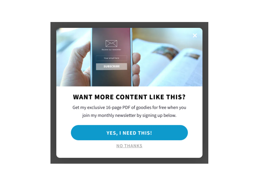 OptinMonster B2B lead generation tool popup showing email newsletter opt-in form with subscribe button and conversion-focused call to action.