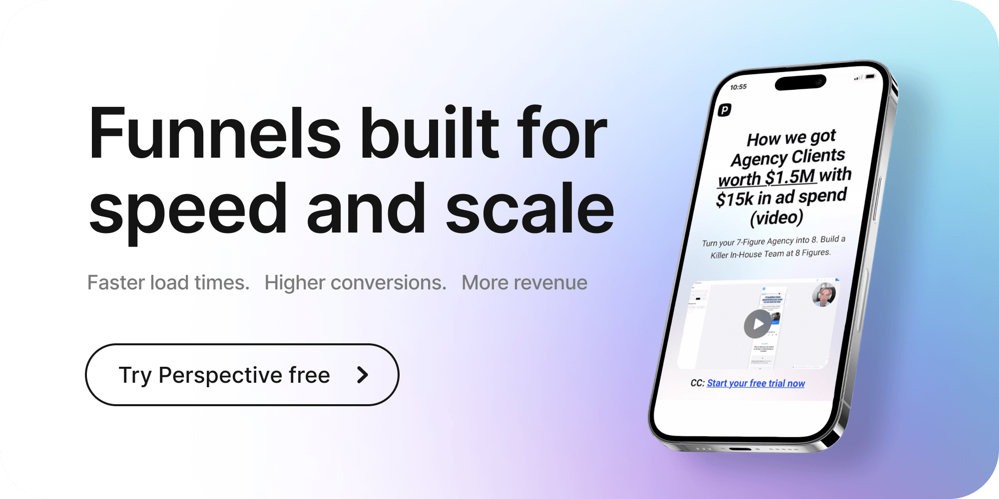 Funnels built for speed and scale CTA promoting Perspective funnel builder with faster load times and higher conversions