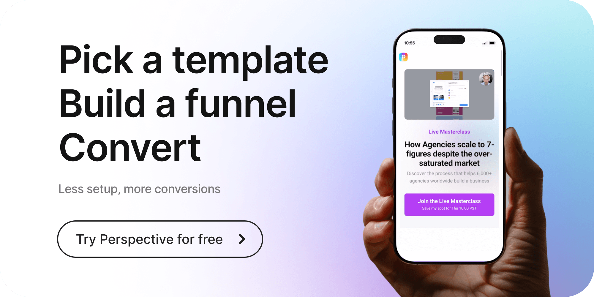 Perspective landing page banner showing funnel creation steps, free trial CTA, and mobile funnel preview on a gradient background.