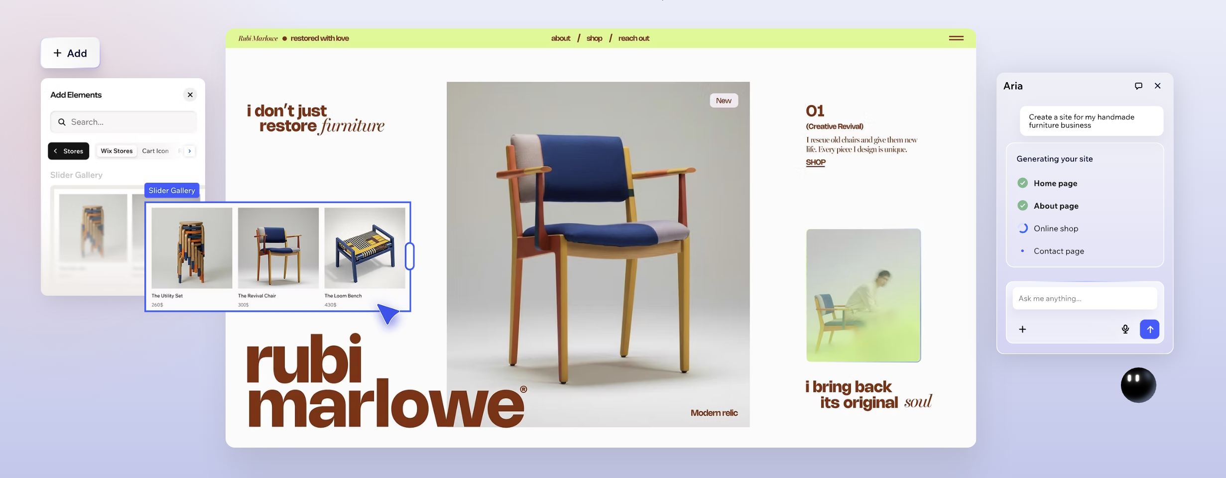 Wix AI landing page builder editor showing a handmade furniture website layout with AI site generation and page setup tools.