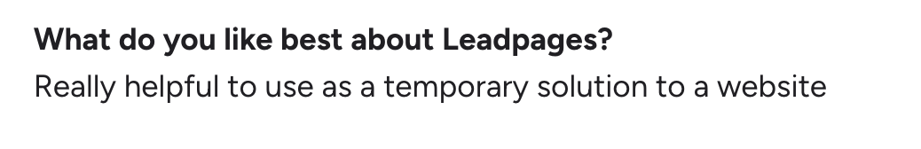 Customer quote about Leadpages - positive aspects of the tool.