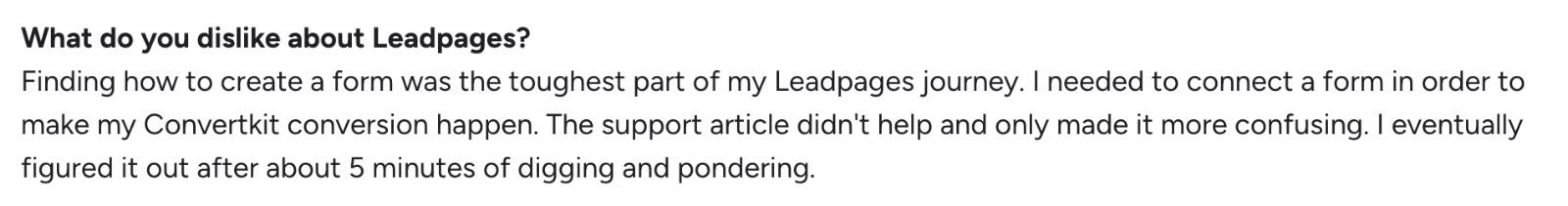 Customer quote about Leadpages - negative aspects of the tool.