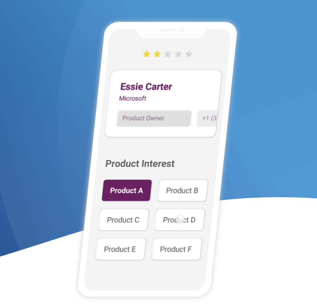 iCapture lead capture software showing a mobile contact card for Essie Carter at Microsoft with product interest selection buttons.