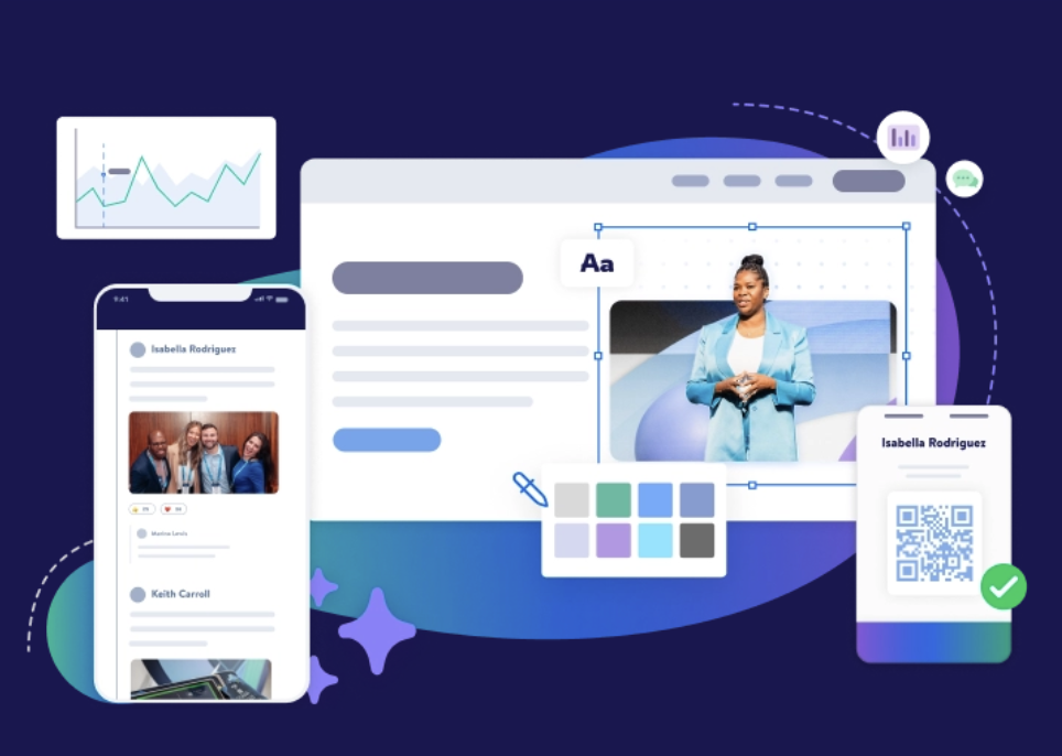 Cvent lead capture software dashboard with attendee profiles, event analytics, website builder, and mobile QR code check-in