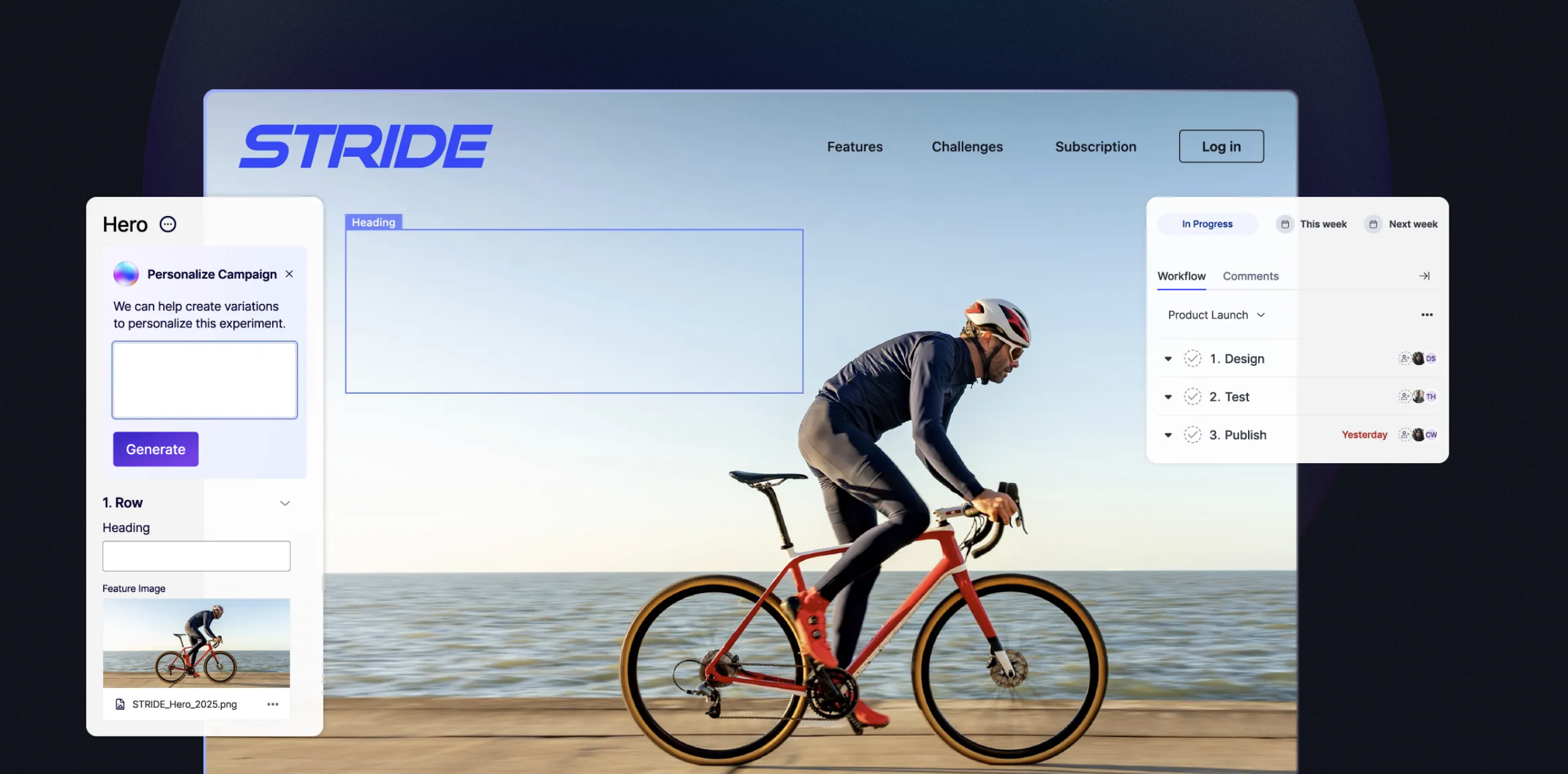 Optimizely conversion rate optimization tools interface showing campaign personalization, page editor, and workflow management