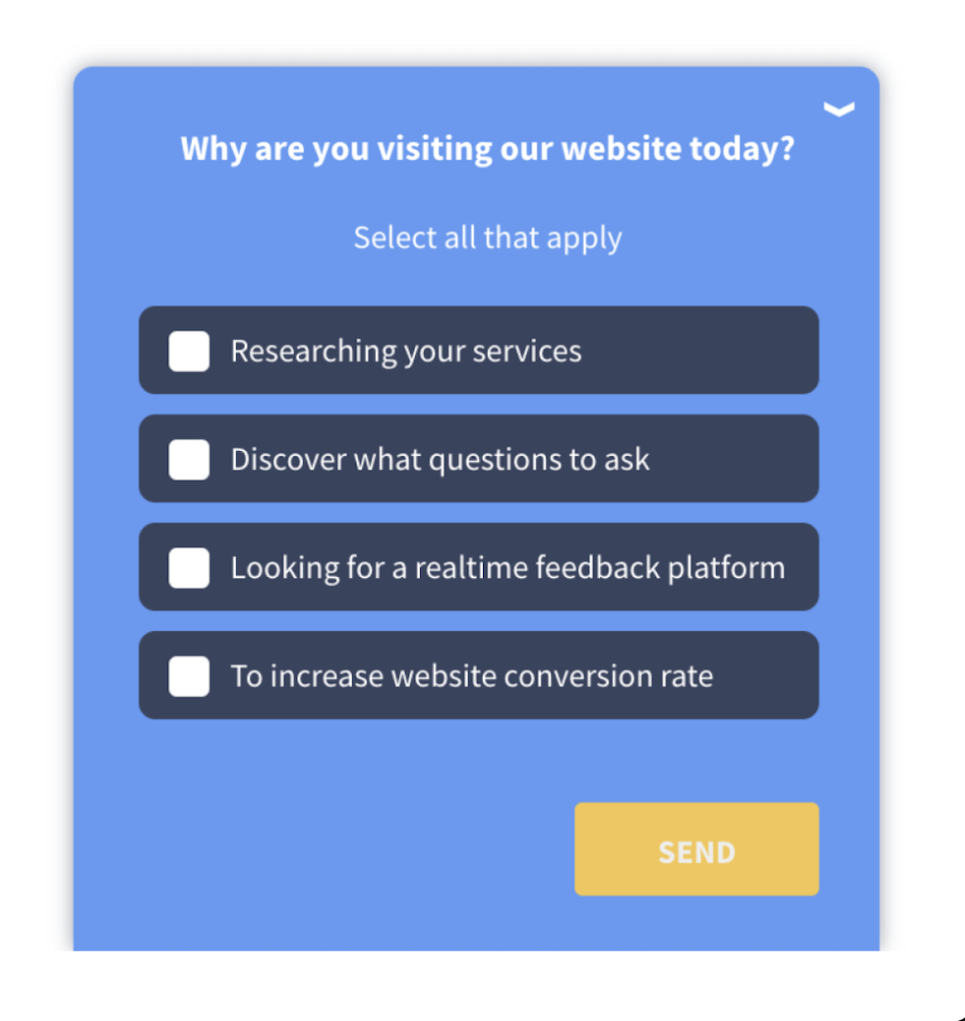 Qualaroo conversion rate optimization tools on-site survey widget asking visitors why they are visiting with multiple-choice options