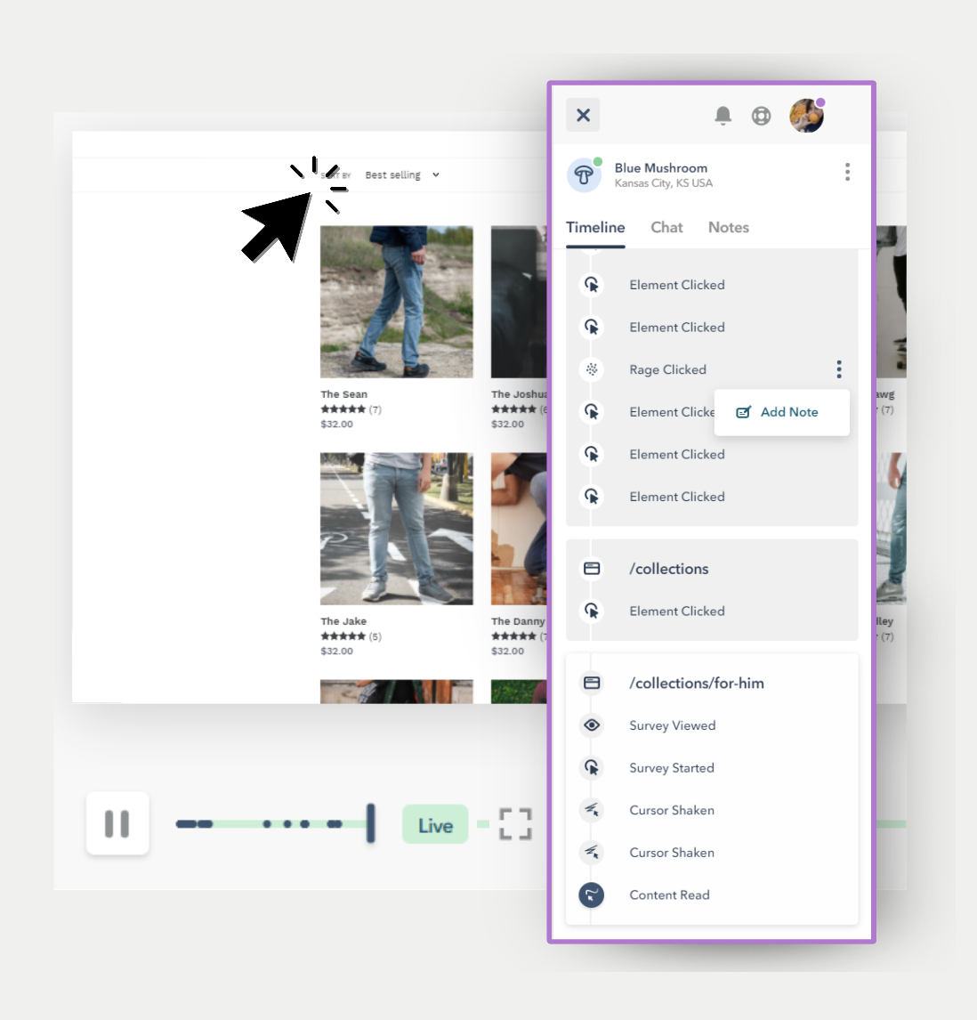 Lucky Orange conversion rate optimization tools session replay showing visitor click timeline, rage clicks, and page navigation on an ecommerce site.
