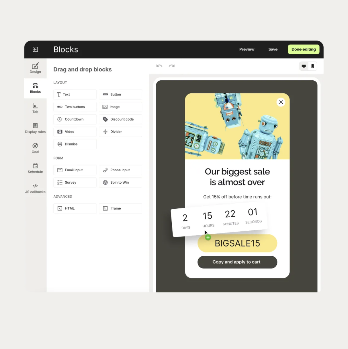Wisepops conversion rate optimization tool showing a pop-up builder with countdown timer and discount code preview.