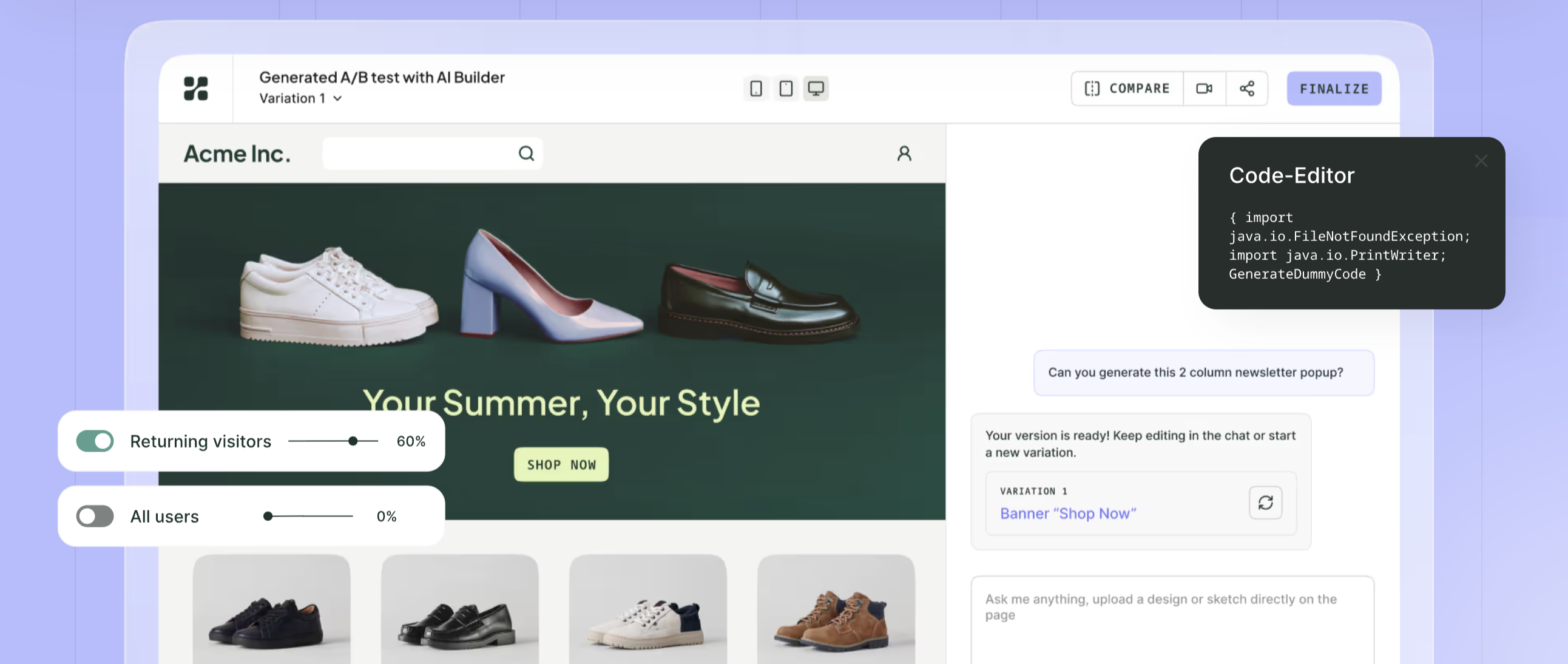 Kameleoon conversion rate optimization tools A/B test builder with AI-generated variations, visitor targeting, and code editor on an ecommerce page.