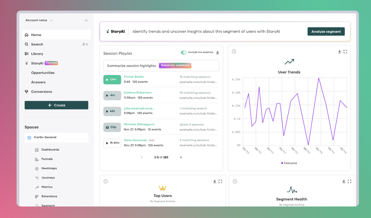 FullStory conversion rate optimization tools dashboard with session playlist, StoryAI insights, user trends chart, and segment health metrics.