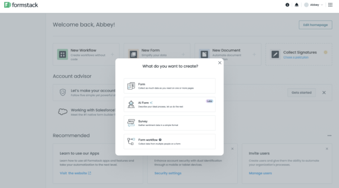 Formstack online form builder dashboard with creation options for forms, AI forms, surveys, and workflow automation.