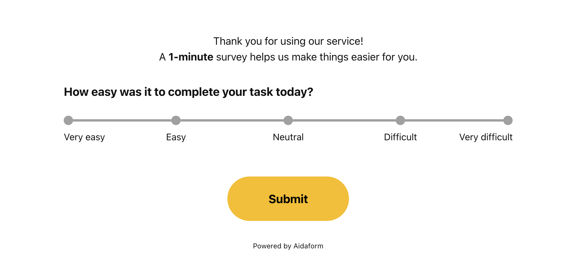 AidaForm online form builder showing a customer satisfaction survey with a task ease rating scale from very easy to very difficult.