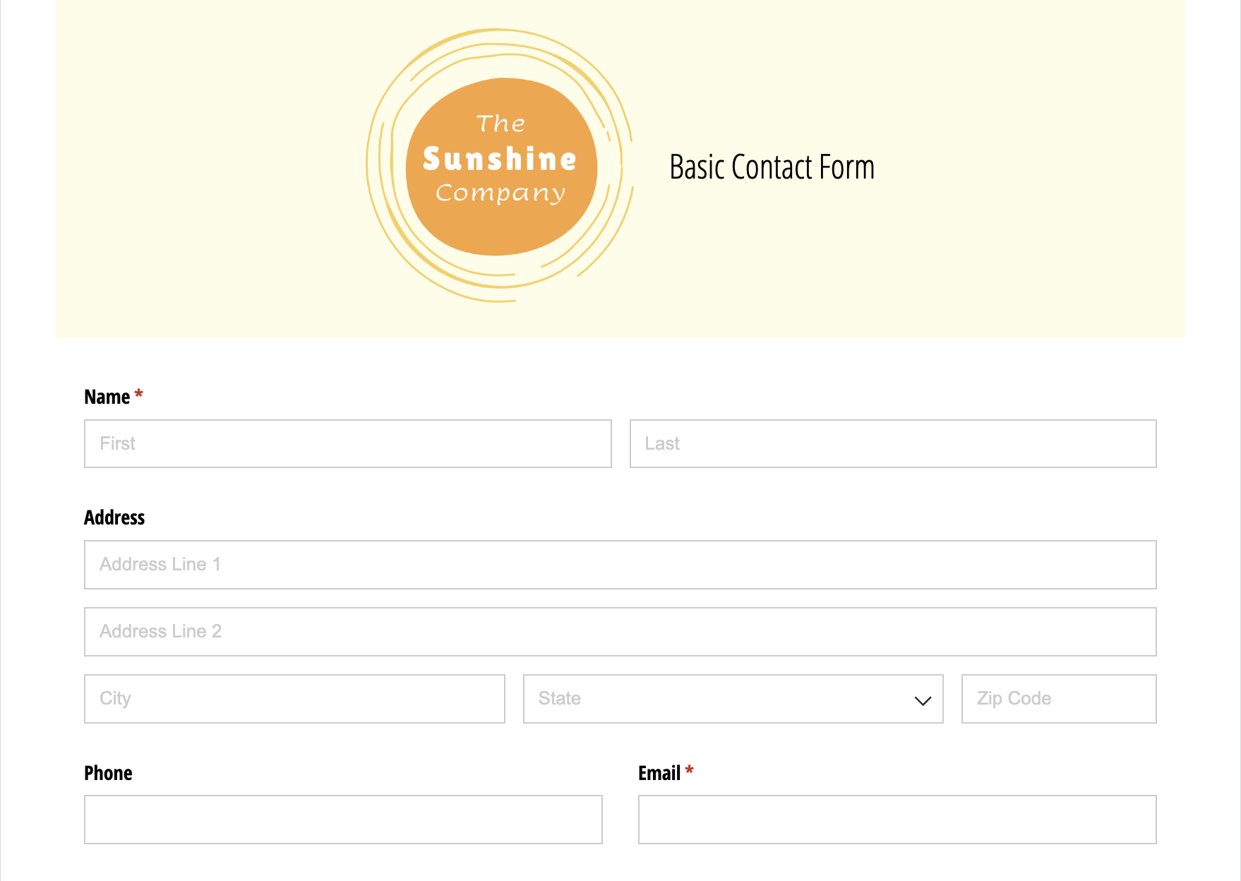 Cognito Forms online form builder showing a basic contact form with name, address, phone, and email fields.