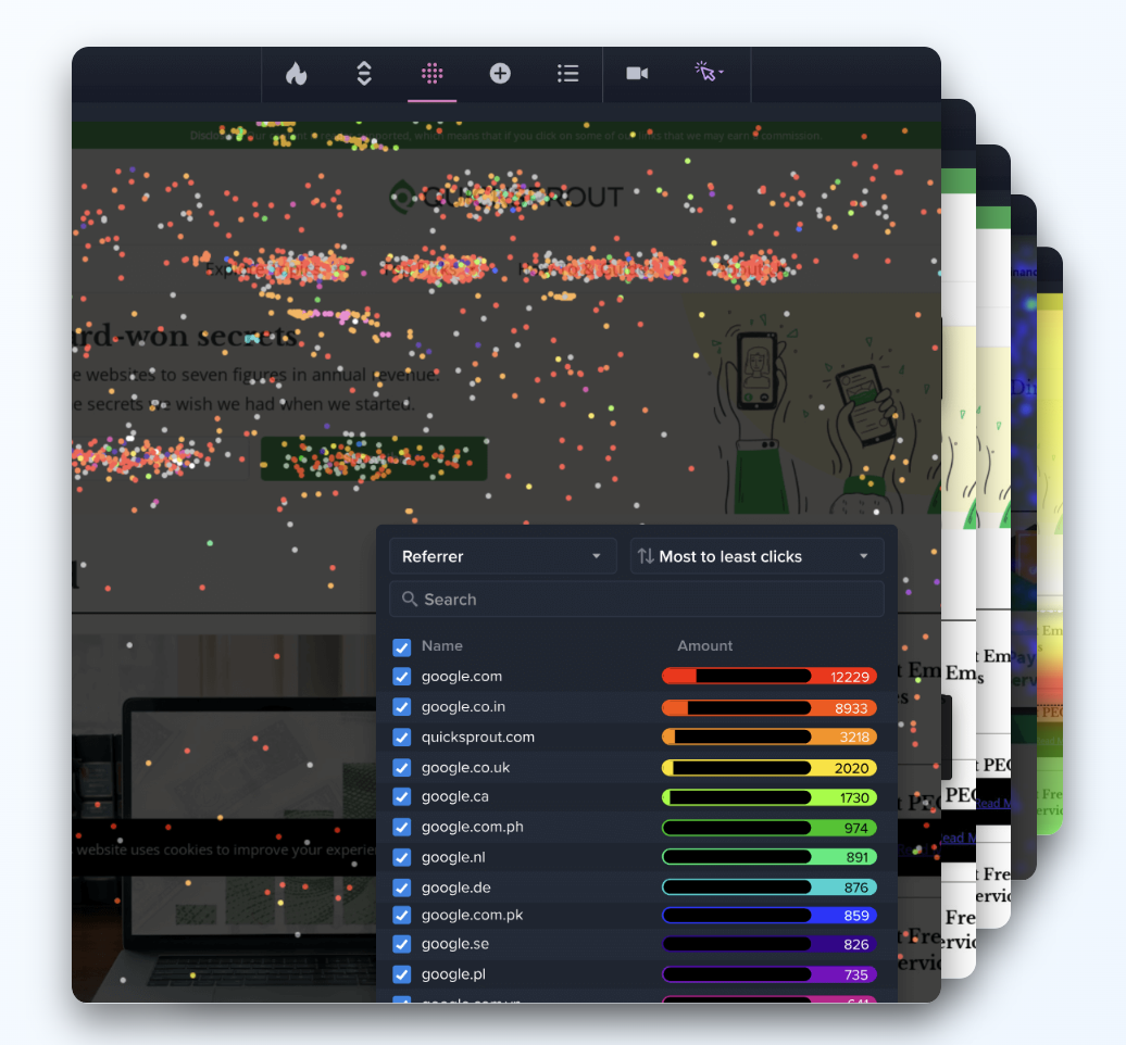 Crazy Egg heatmap dashboard showing click tracking overlays and a referrer panel breaking down traffic sources by volume.