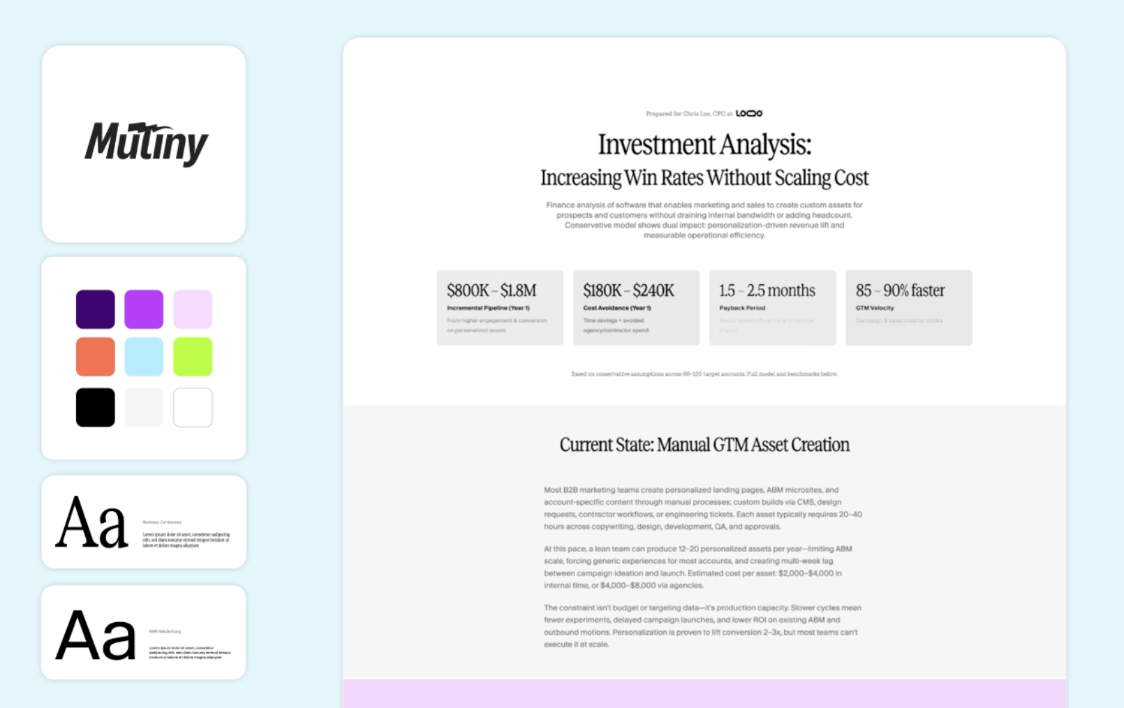 Mutiny conversion rate optimization tools showing B2B website personalization with investment analysis, pipeline metrics, and brand customization options.