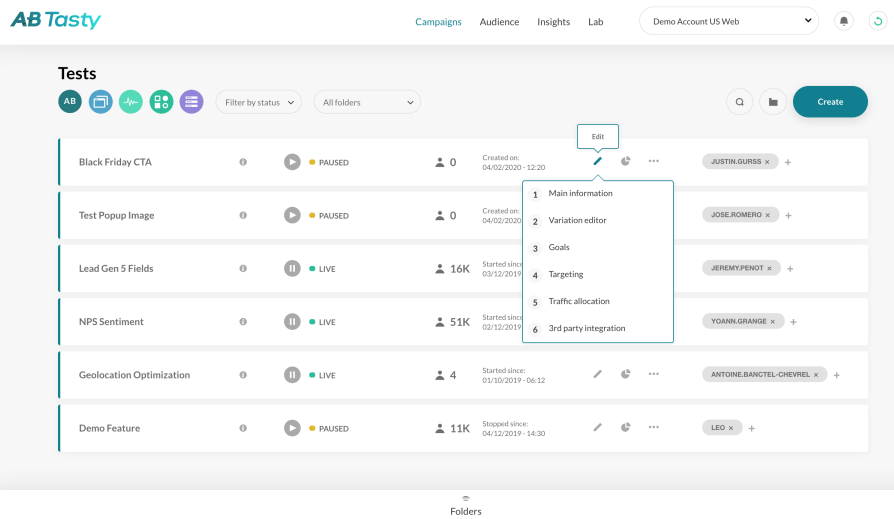AB Tasty conversion rate optimization tools campaign dashboard showing A/B tests, traffic allocation, targeting options, and experiment management.