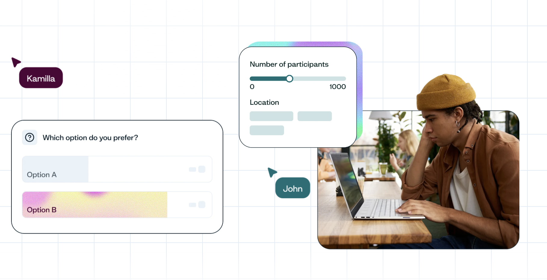 Lyssna conversion rate optimization tool with survey interface showing preference question, participant settings, and user research panel.