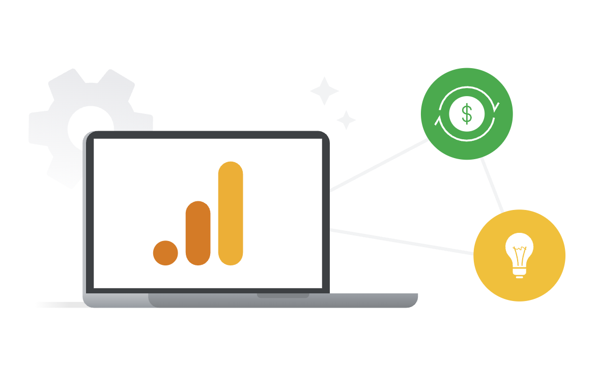 Google Analytics conversion rate optimization tool showing bar chart analytics with icons for settings, revenue, and insights.