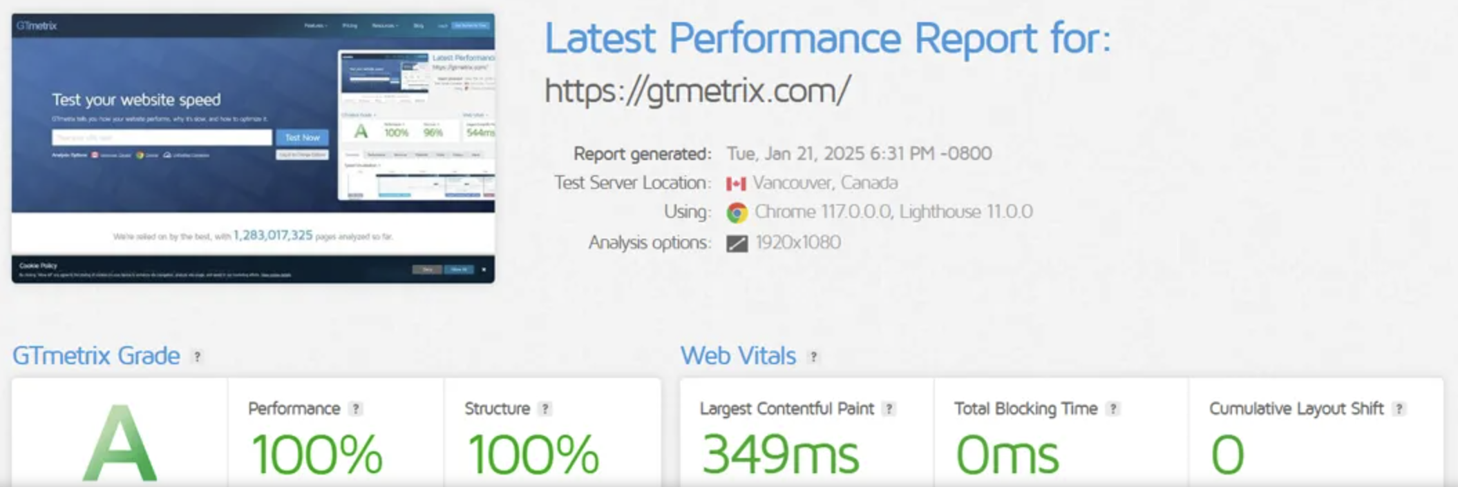 GTmetrix conversion rate optimization tool showing website speed performance report with Grade A, 100% performance and structure scores, and Web Vitals metrics.