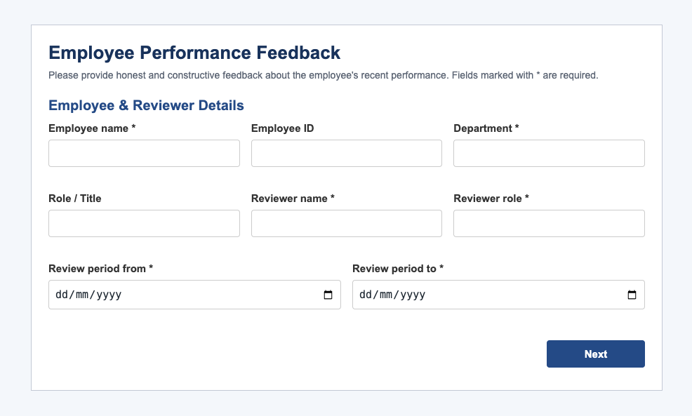 Feathery form builder showing a multi-step employee performance feedback form with input fields for employee and reviewer details and date pickers for the review period.