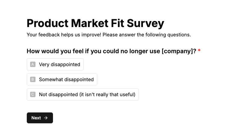 Makeform AI form builder example showing a Product Market Fit Survey with a multiple-choice question and three lettered answer options.