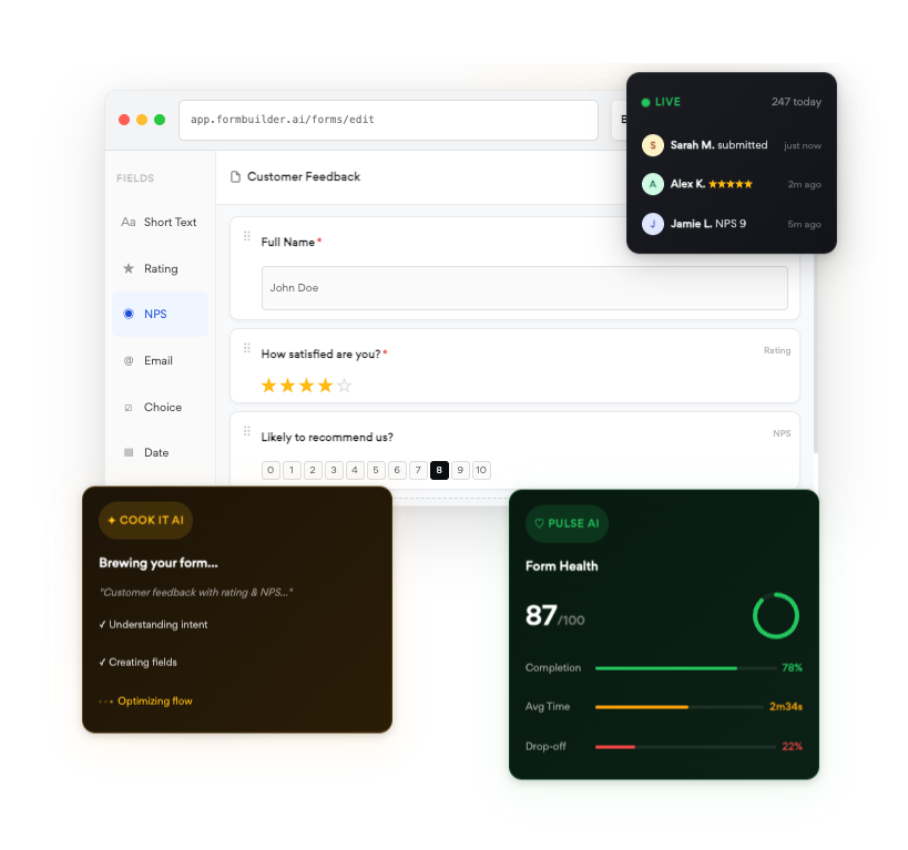 FormBuilder.ai customer feedback form editor with AI generation and live analytics.