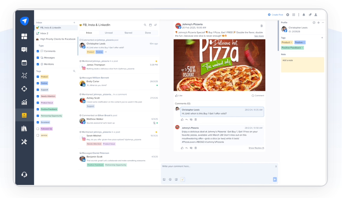 SocialPilot white label marketing software showing a social media inbox dashboard for managing messages and client communications.