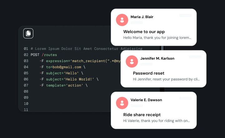 Mailgun white label marketing software showing an email API interface with code configuration and transactional email notification examples.