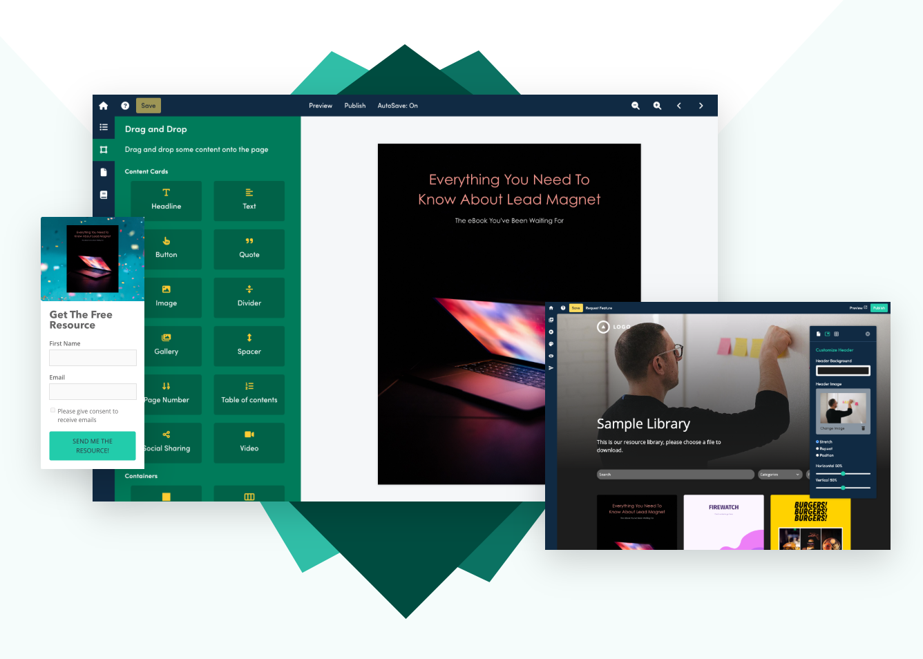 Beacon lead magnet software showing a drag-and-drop page builder with customizable content cards and email opt-in forms.