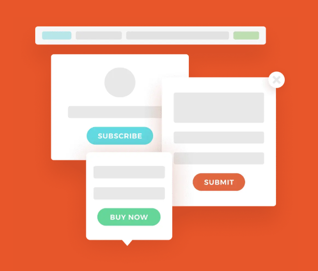 Hello Bar lead magnet software showing customizable popups with subscribe, submit, and purchase call-to-action buttons.