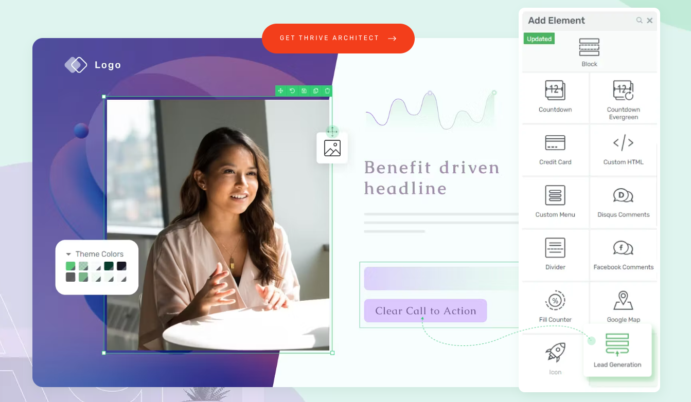Thrive Leads lead magnet software showing a drag-and-drop landing page builder with customizable elements and color themes.