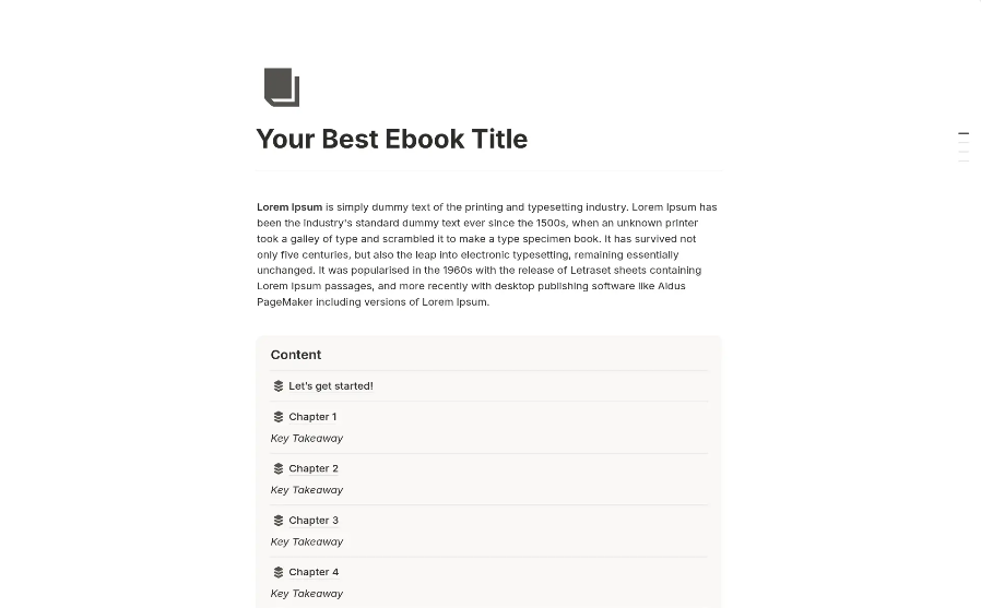 Notion lead magnet software showing an ebook template with title, description, and interactive table of contents chapters.
