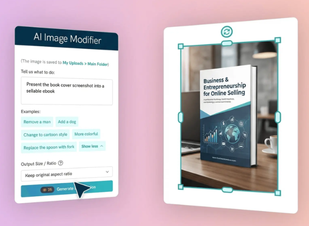 Piktochart lead magnet software showing an AI Image Modifier tool customizing an ebook cover design.