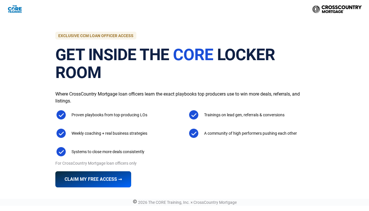 CORE Locker Room loan officer recruiting mortgage landing page for CCM-exclusive access