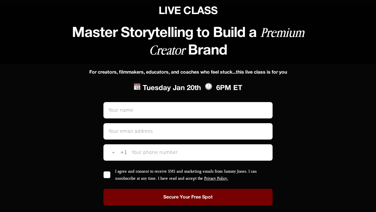 Master Storytelling live class signup — one of the highest converting lead generation forms in coaching