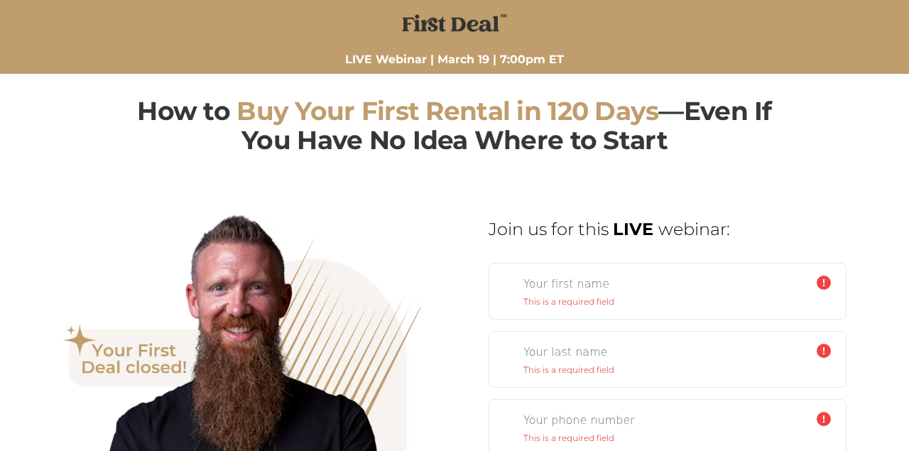 First Deal buy first rental in 120 days webinar landing page example with multi-field form