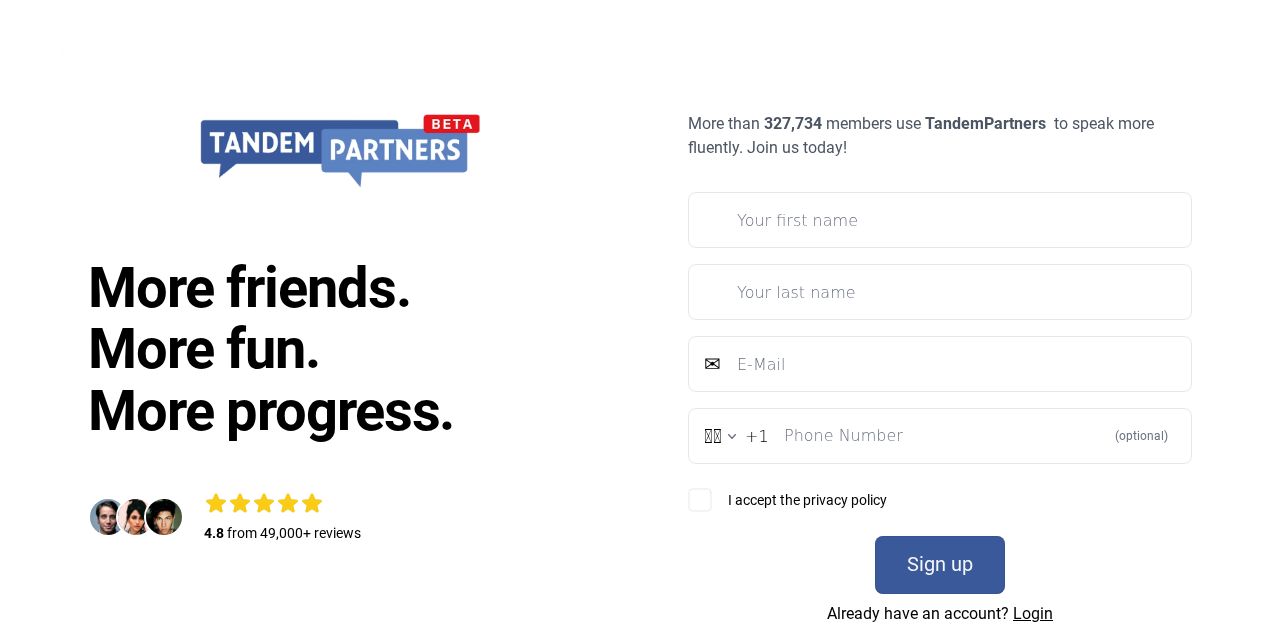 Tandem Partners language learning high converting landing pages with rhythmic three-line headline and member count