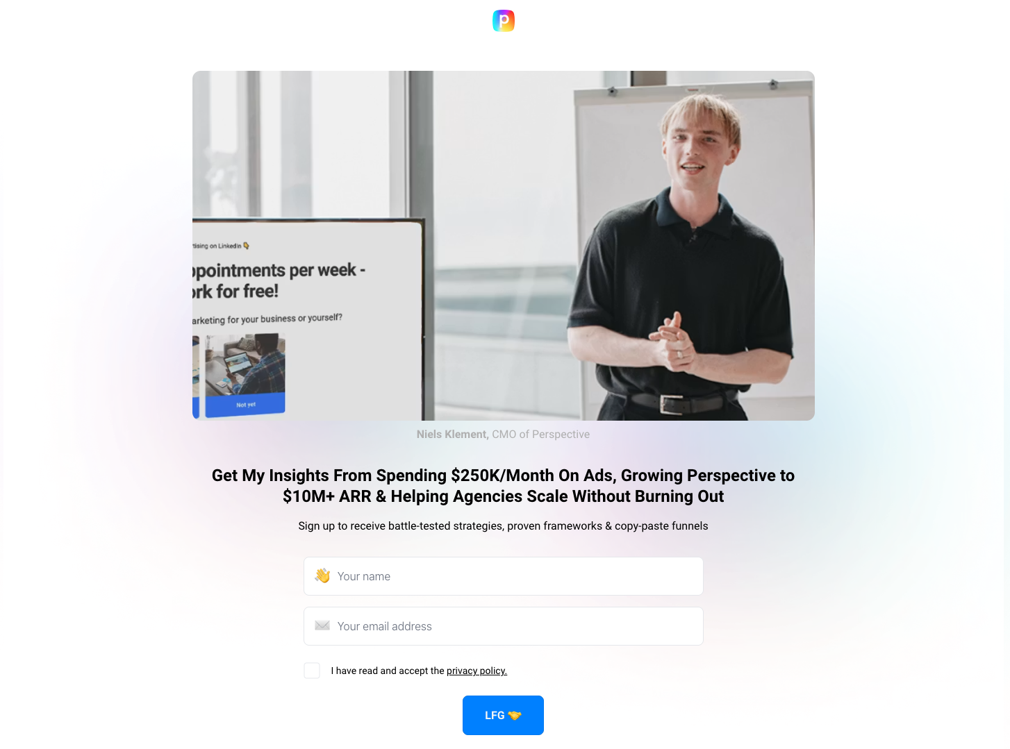 Perspective $10M ARR insights newsletter high converting landing pages with author photo and personal voice.