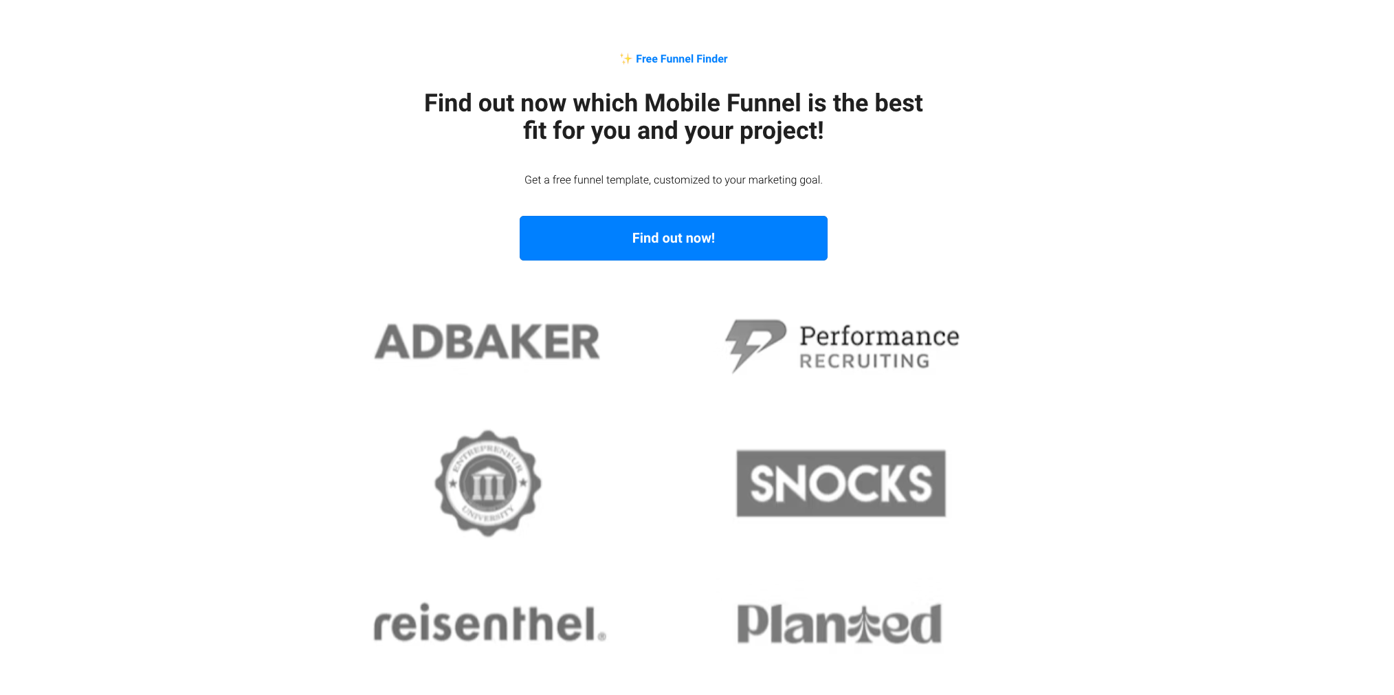 Lead generation form with headline asking which mobile funnel is the best fit, featuring a blue call-to-action button and company logos below.