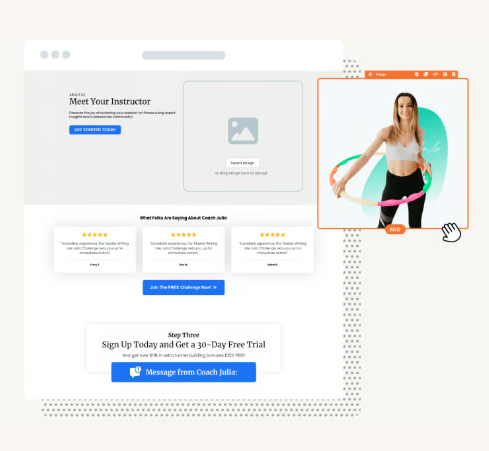 ClickFunnels page editor with an image block being dragged into a fitness coaching landing page