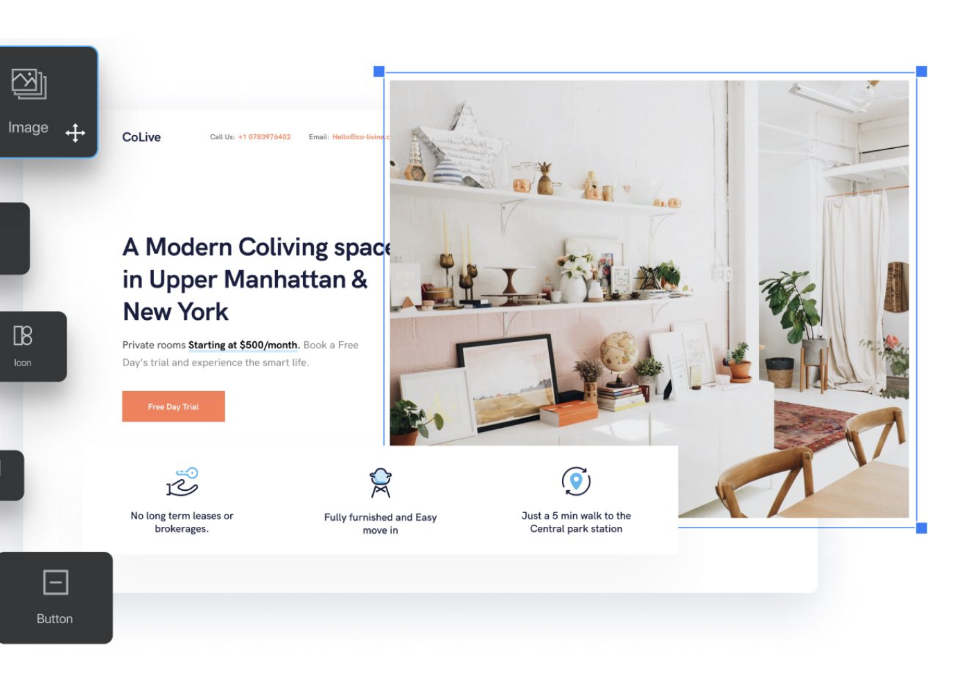 Swipe Pages drag and drop builder showing a selected image block on a coliving landing page template