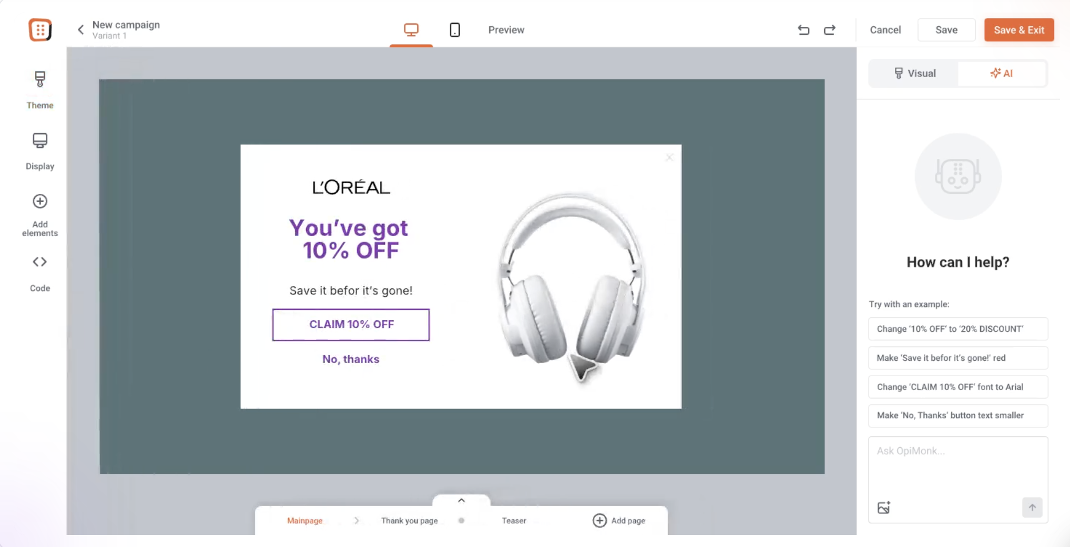 OptiMonk popup builder editing a L'Oréal 10% off discount campaign