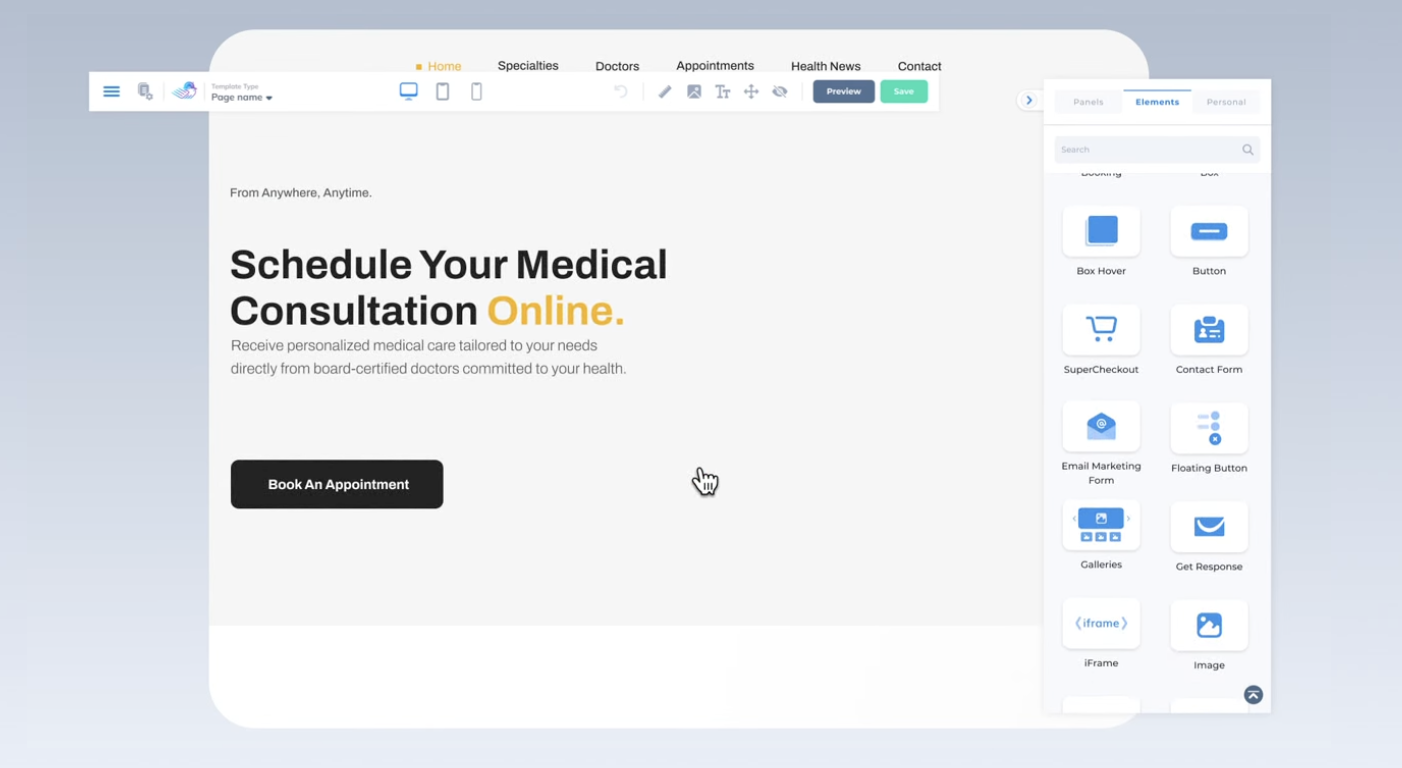 Builderall drag-and-drop editor showing a medical consultation landing page template with the Elements panel open