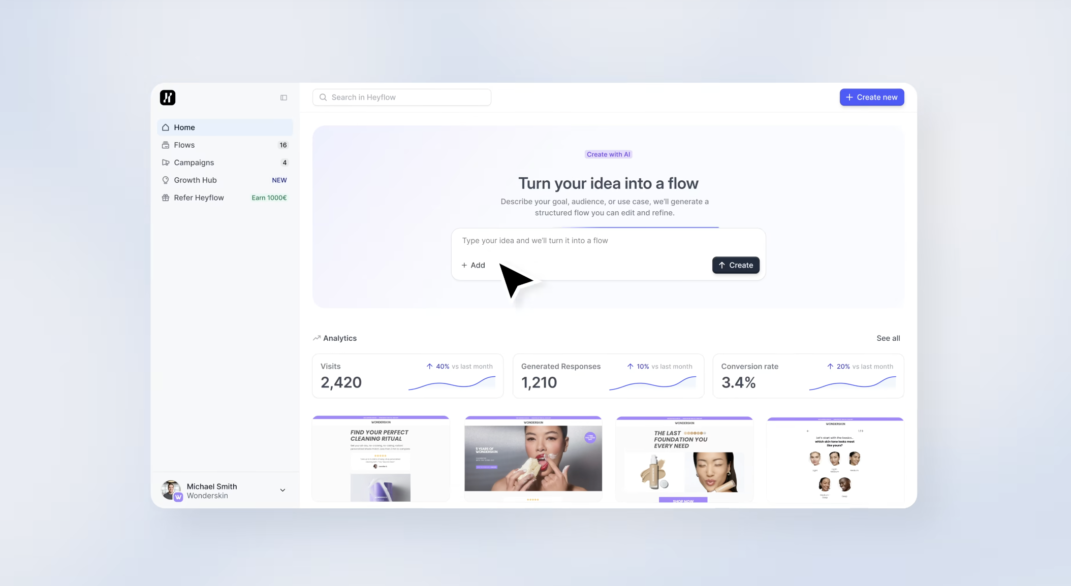 Heyflow home screen showing AI flow creation and campaign analytics