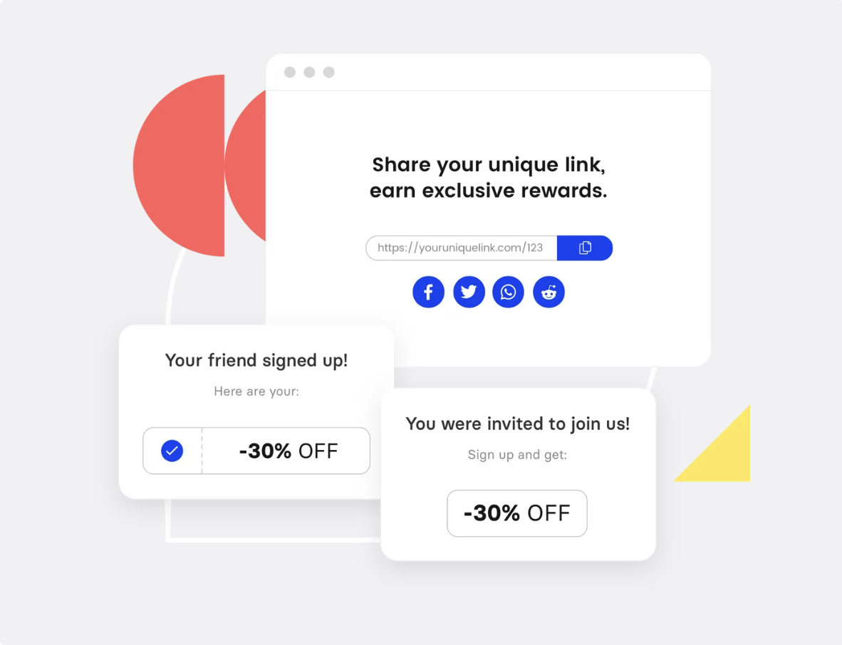 Viral Loops referral widget with unique share link and double-sided 30% off reward