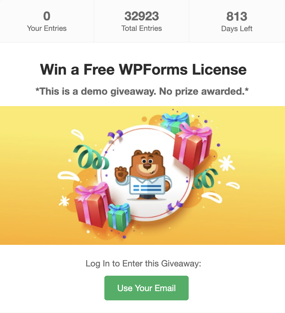 RafflePress WordPress giveaway with entry counter and email entry option
