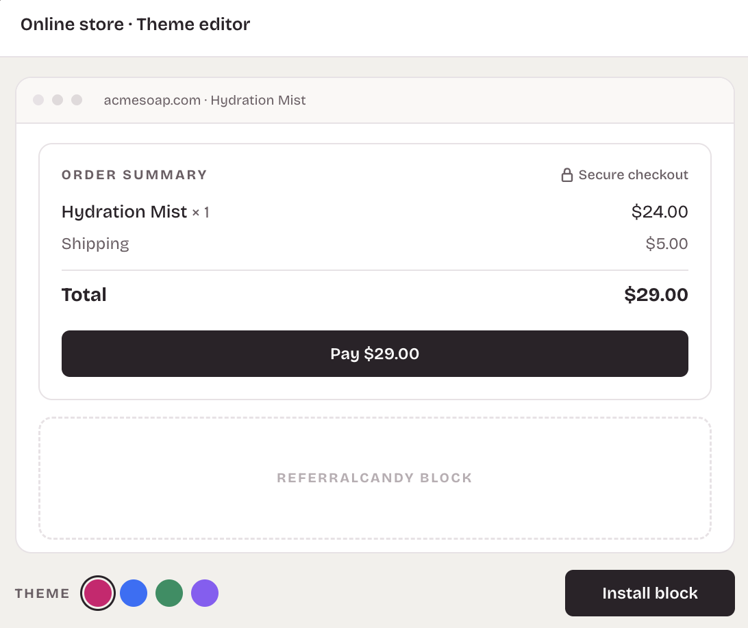 Adding the ReferralCandy referral block to a Shopify checkout in the theme editor