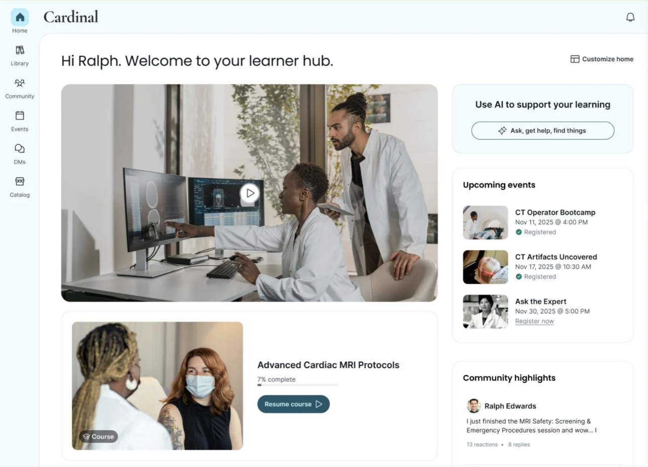 Thinkific student dashboard with course progress and upcoming events