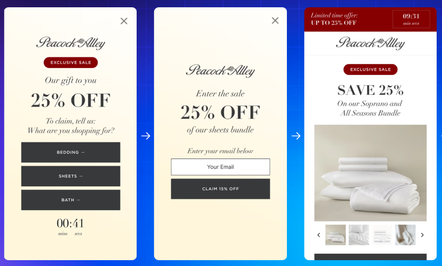 ConvertFlow on-site funnel showing a three-step discount quiz and email capture on mobile