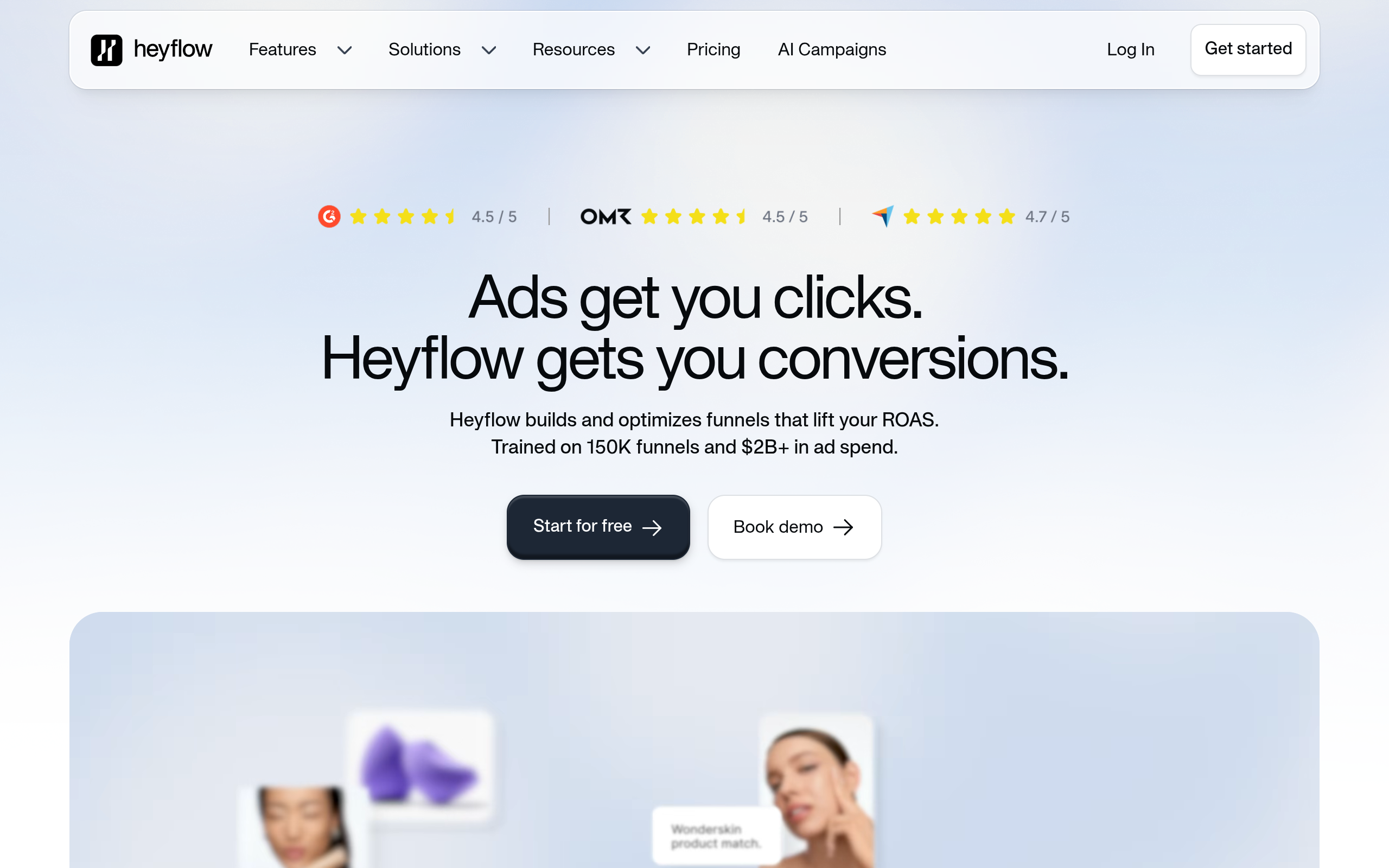 Heyflow homepage headline promising that ads get clicks while Heyflow gets conversions, with review scores above it